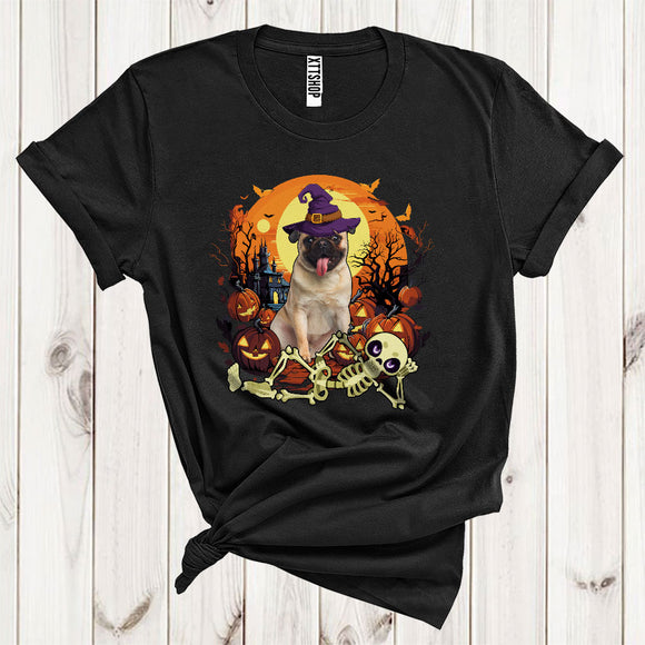 MacnyStore - Pug With Scary Moon Cute Halloween Costume Witch Pug Lying Skeleton T-Shirt