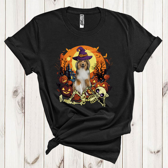 MacnyStore - Sheltie With Scary Moon Cute Halloween Costume Witch Sheltie Lying Skeleton T-Shirt