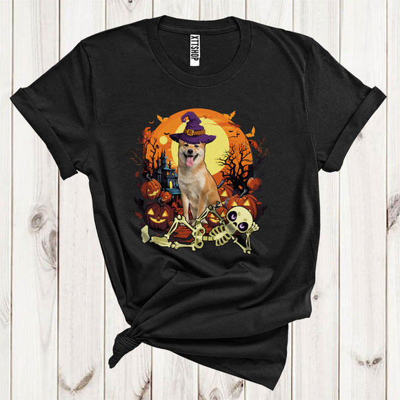 MacnyStore - Shiba Inu With Scary Moon Cute Halloween Costume Witch Shiba Inu Lying Skeleton T-Shirt