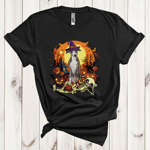 MacnyStore - Whippet With Scary Moon Cute Halloween Costume Witch Whippet Lying Skeleton T-Shirt