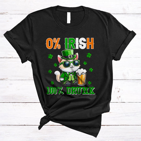 MacnyStore - 0% Irish 100% Drunk, Lovely St. Patrick's Day Cat Leprechaun, Beer Drinking Drunk Group T-Shirt