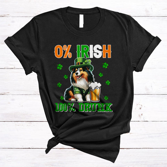 MacnyStore - 0% Irish 100% Drunk, Lovely St. Patrick's Day Sheltie Leprechaun, Beer Drinking Drunk Group T-Shirt