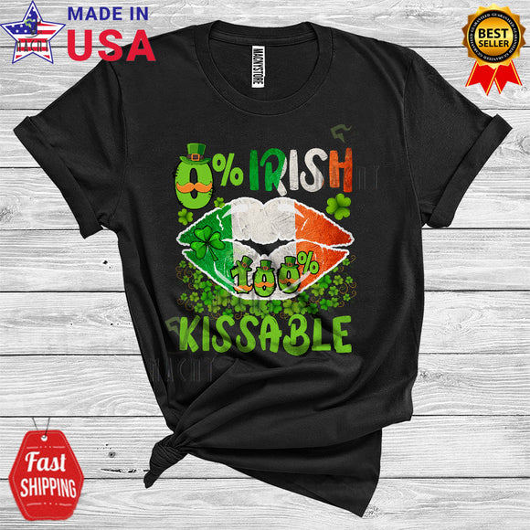 MacnyStore - 0% Irish 100% Kissable Funny Cool St. Patrick's Day Irish Flag Pride Lips Shamrocks Lover T-Shirt