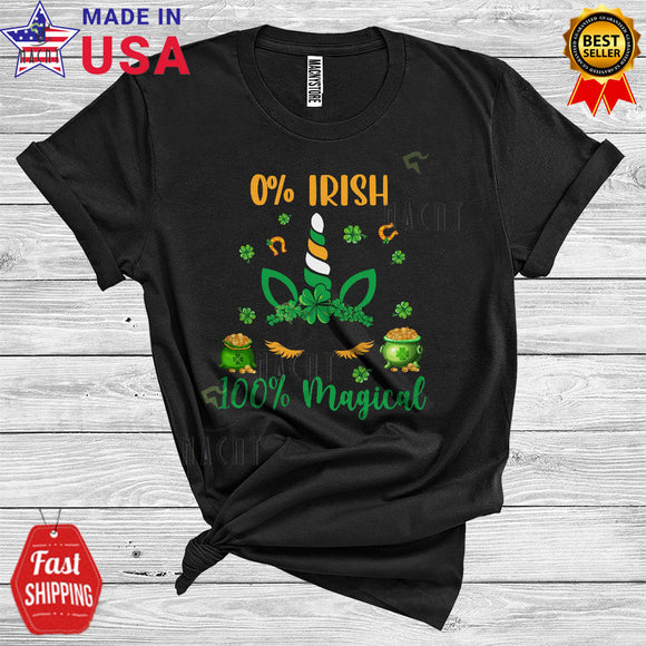 MacnyStore - 0% Irish 100% Magical Cool Happy St. Patrick's Day Unicorn Face Shamrock Gold Coins Family Group T-Shirt