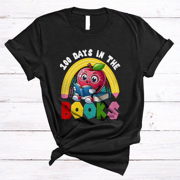 MacnyStore - 100 Days In The Books, Lovely Apple Reading Book Rainbow, School Students Teacher T-Shirt