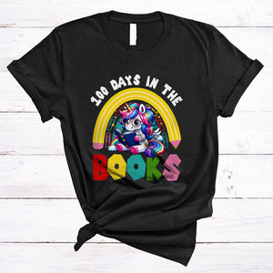 MacnyStore - 100 Days In The Books, Lovely Unicorn Reading Book Rainbow, School Students Teacher T-Shirt