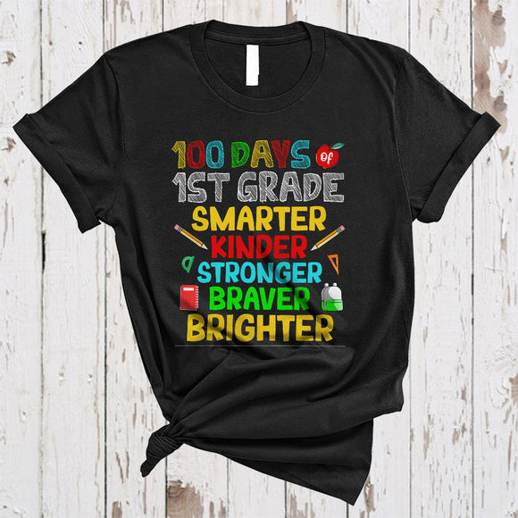 MacnyStore - 100 Days Of 1st Grade Smarter Kinder, Colorful 100th Day Of School Students, Teacher Group T-Shirt