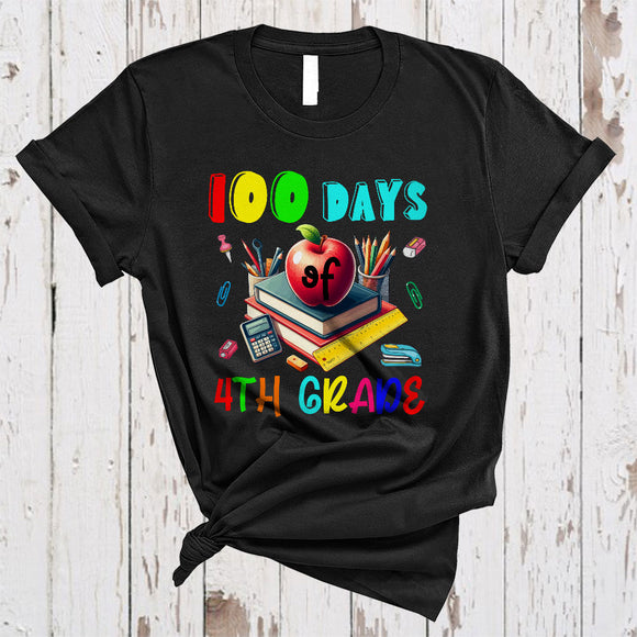 MacnyStore - 100 Days Of 4th Grade, Amazing 100th Day Of School Things Books Apple, Student Teacher Group T-Shirt