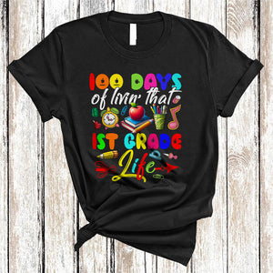 MacnyStore - 100 Days Of Livin' That 1st Grade Life, Colorful 100th Day Of School Students, Teacher Group T-Shirt