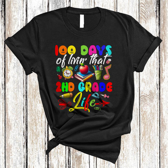 MacnyStore - 100 Days Of Livin' That 2nd Grade Life, Colorful 100th Day Of School Students, Teacher Group T-Shirt