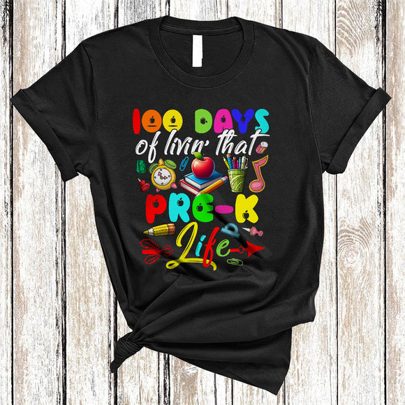 MacnyStore - 100 Days Of Livin' That Pre-K Life, Colorful 100th Day Of School Students, Teacher Group T-Shirt