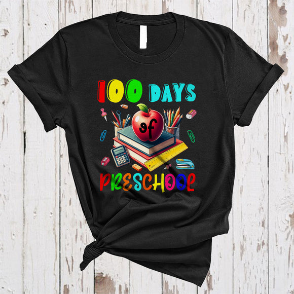 MacnyStore - 100 Days Of Preschool, Amazing 100th Day Of School Things Books Apple, Student Teacher Group T-Shirt