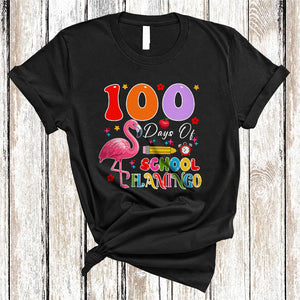 MacnyStore - 100 Days Of School Flamingo, Colorful 100th Day Of School Flowers Flamingo, Students Teacher T-Shirt
