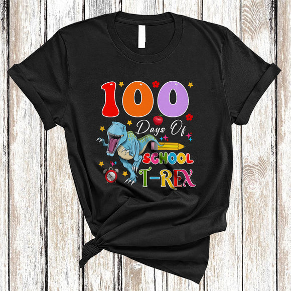 MacnyStore - 100 Days Of School Flamingo, Colorful 100th Day Of School Flowers T-Rex, Students Teacher T-Shirt