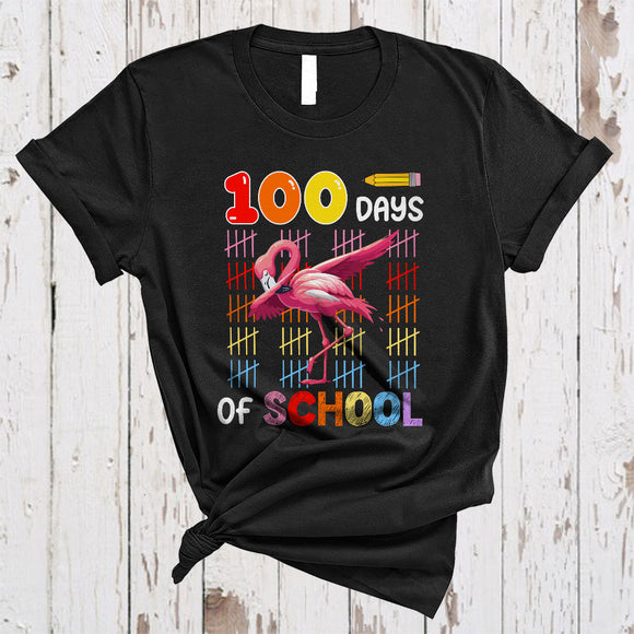 MacnyStore - 100 Days Of School, Awesome 100th Day Of School Dabbing Flamingo Lover, Student Teachers Group T-Shirt