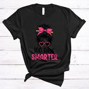 MacnyStore - 100 Days Smarter, Lovely 100th Day Of School Messy Bun Hair Girl, Student Teacher Group T-Shirt
