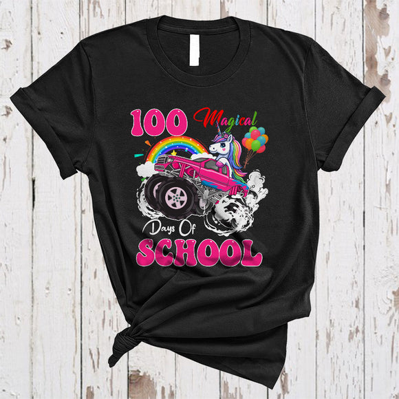MacnyStore - 100 Magical Days Of School, Adorable 100th Day Unicorn Driving Monster Truck, Students Group T-Shirt