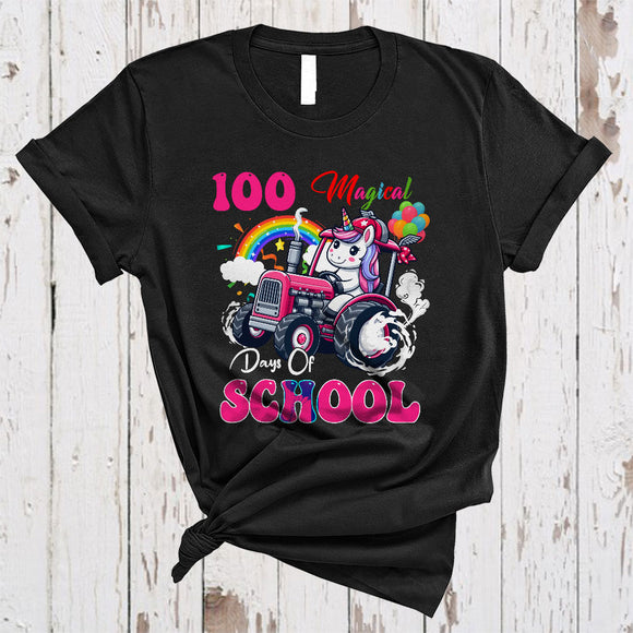 MacnyStore - 100 Magical Days Of School, Adorable 100th Day Unicorn Driving Tractor, Students Group T-Shirt