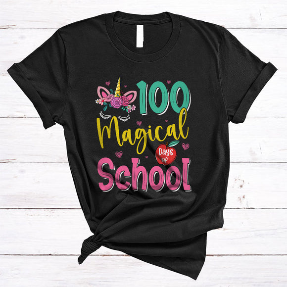 MacnyStore - 100 Magical Days Of School, Adorable 100th Day Unicorn Horn Flowers, Girls Students Teacher T-Shirt
