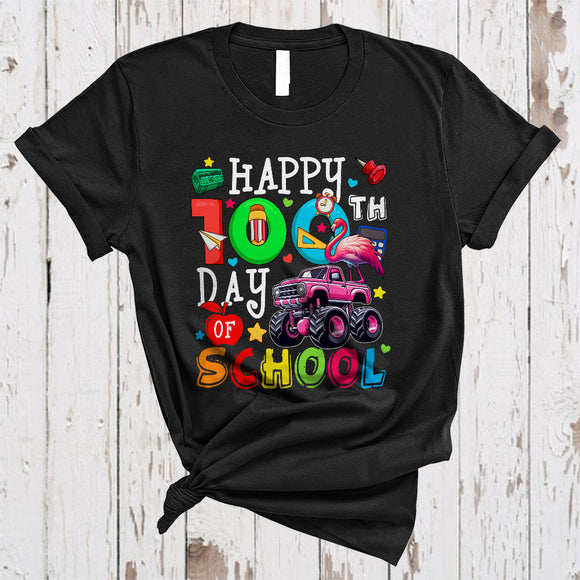 MacnyStore - 100th Day of School, Colorful 100 Days Of School Flamingo On Monster Truck, Students Teacher T-Shirt