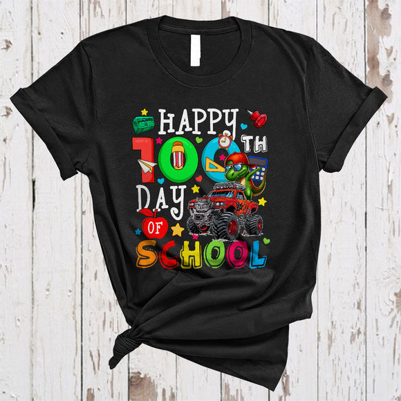 MacnyStore - 100th Day of School, Colorful 100 Days Of School T-Rex Dabbing On Monster Truck, Students Teacher T-Shirt