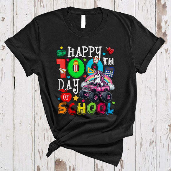 MacnyStore - 100th Day of School, Colorful 100 Days Of School Unicorn On Monster Truck, Students Teacher T-Shirt