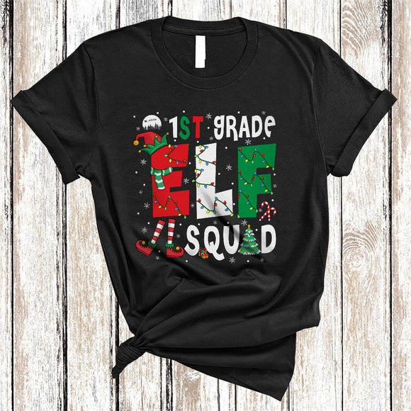 MacnyStore - 1st Grade ELF Squad, Joyful Christmas ELF Shoes Hat Snow Around, Students Teacher Group T-Shirt