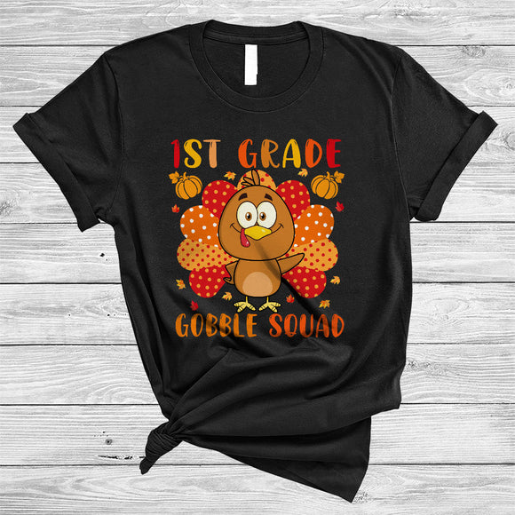 MacnyStore - 1st Grade Gobble Squad, Lovely Cute Thanksgiving Adorable Turkey, Student Teacher Group T-Shirt