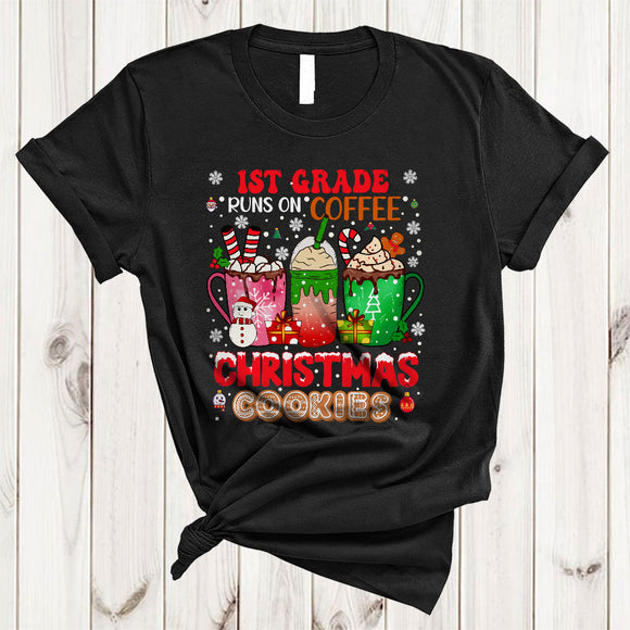 MacnyStore - 1st Grade Runs On Coffee And Christmas Cookies, Joyful Three Coffee Cups, Teacher X-mas T-Shirt