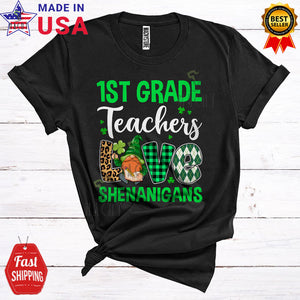 MacnyStore - 1st Grade Teachers Love Shenanigans Cute Funny St. Patrick's Day Leopard Plaid Irish Gnomes Lover T-Shirt
