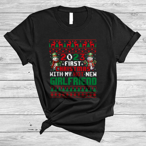 MacnyStore - 2023 First Christmas With My Hot New Girlfriend, Amazing X-mas Sweater Snowman, Matching Couple T-Shirt