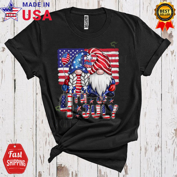 MacnyStore - 4th Of July Cute Cool Independence Day Matching Gnome Couple American Flag Patriotic T-Shirt