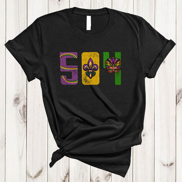 MacnyStore - 504, Awesome Vintage Mardi Gras New Orleans Louisiana Proud, Beads Mask Parade Party T-Shirt
