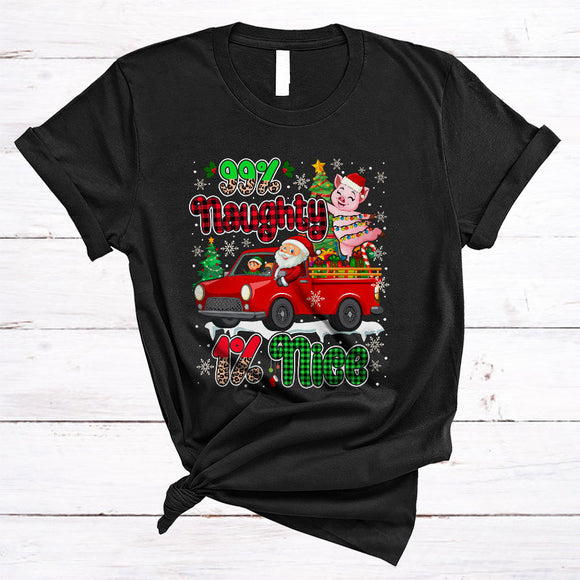 MacnyStore - 99% Naughty 1% Nice Cool Christmas Lights Red Plaid Xmas Santa Pig Lover T-Shirt