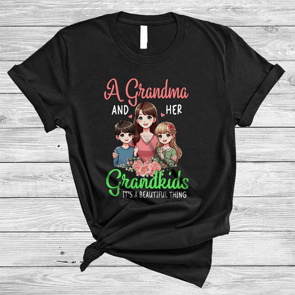 MacnyStore - A Grandma And Her Grandkids Beautiful Thing, Lovely Mother's Day Flowers, Family Group T-Shirt