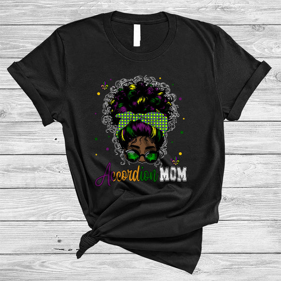 MacnyStore - Accordion Mom, Cool Mardi Gras Messy Afro Bun Hair Women, Black African Musical Instruments T-Shirt