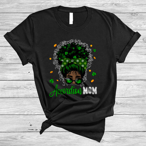 MacnyStore - Accordion Mom, Cool St. Patrick's Day Messy Afro Bun Hair Women, Black African Musician Shamrock T-Shirt