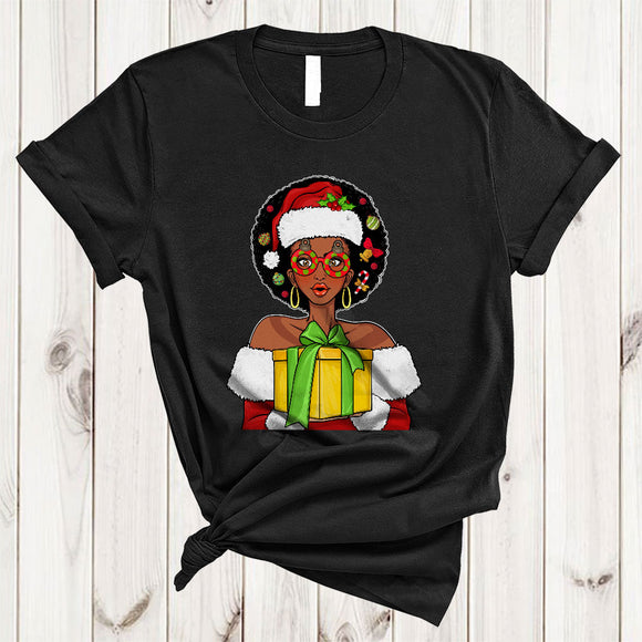 MacnyStore - African American Santa Claus Sunglasses, Humorous Christmas Santa Women, Pride Black Afro T-Shirt