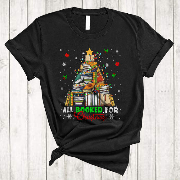MacnyStore - All Booked For Christmas, Colorful Christmas Tree Lights, Book Nerd Librarian Teacher Team T-Shirt