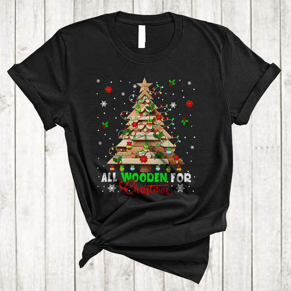MacnyStore - All Wooden For Christmas, Colorful Christmas Tree Lights Wood, Matching Carpenter Team X-mas T-Shirt
