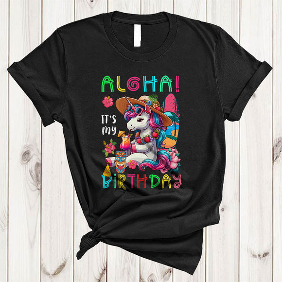 MacnyStore - Aloha It's My Birthday, Funny Birthday Party Tropical Hawaiian Unicorn, Hawaii Family Group T-Shirt