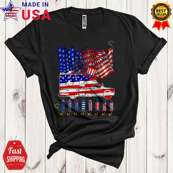 MacnyStore - American Flag Fireworks With Ambulance Cool Proud 4th Of July US Matching Patriotic T-Shirt