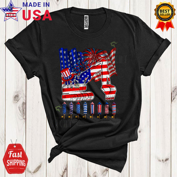 MacnyStore - American Flag Fireworks With Excavator Cool Proud 4th Of July US Matching Patriotic T-Shirt