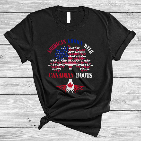 MacnyStore - American Grown With Canadian Roots, Awesome American And Canadian Flag Tree, Proud Roots Family T-Shirt