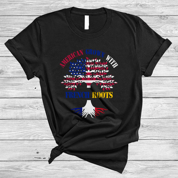 MacnyStore - American Grown With French Roots, Awesome American And French Flag Tree, Proud Roots Family T-Shirt