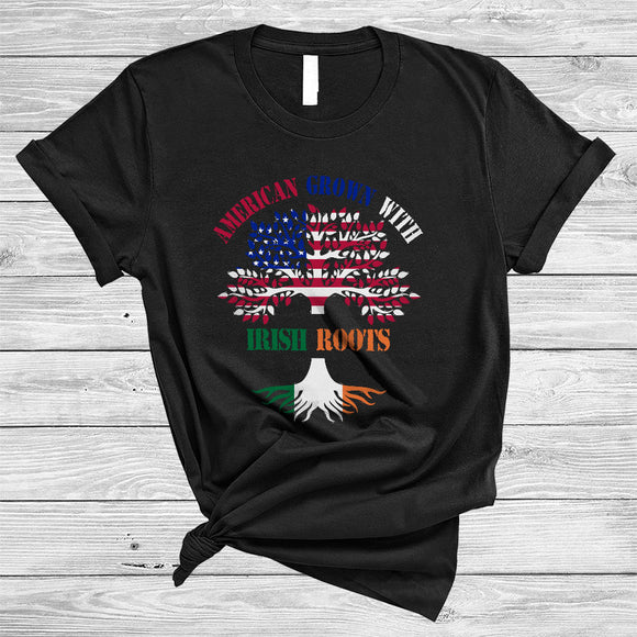 MacnyStore - American Grown With Irish Roots, Awesome American And Irish Flag Tree, Proud Roots Family T-Shirt