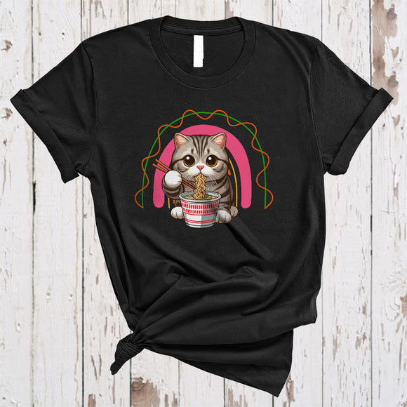 MacnyStore - Anime American Shorthair Cat Eating Ramen Noodles, Adorable Japanese Food, Rainbow Lover T-Shirt