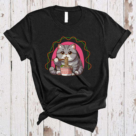 MacnyStore - Anime British Shorthair Eating Ramen Noodles, Adorable Japanese Food Animal, Rainbow Lover T-Shirt