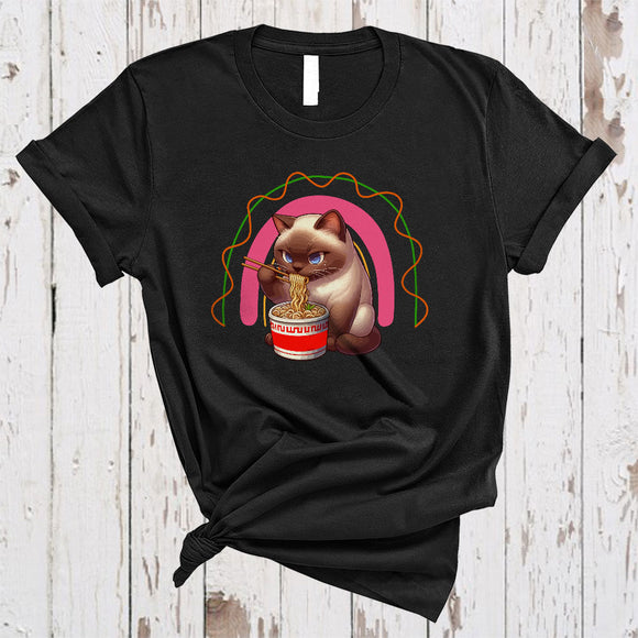 MacnyStore - Anime Burmese Cat Eating Ramen Noodles, Adorable Japanese Food Animal, Rainbow Lover T-Shirt