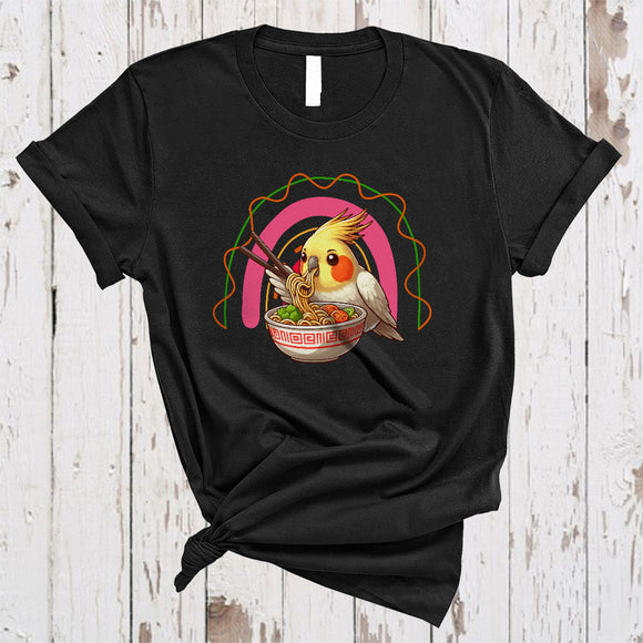 MacnyStore - Anime Cockatiel Eating Ramen Noodles, Adorable Japanese Food Animal, Rainbow Lover T-Shirt
